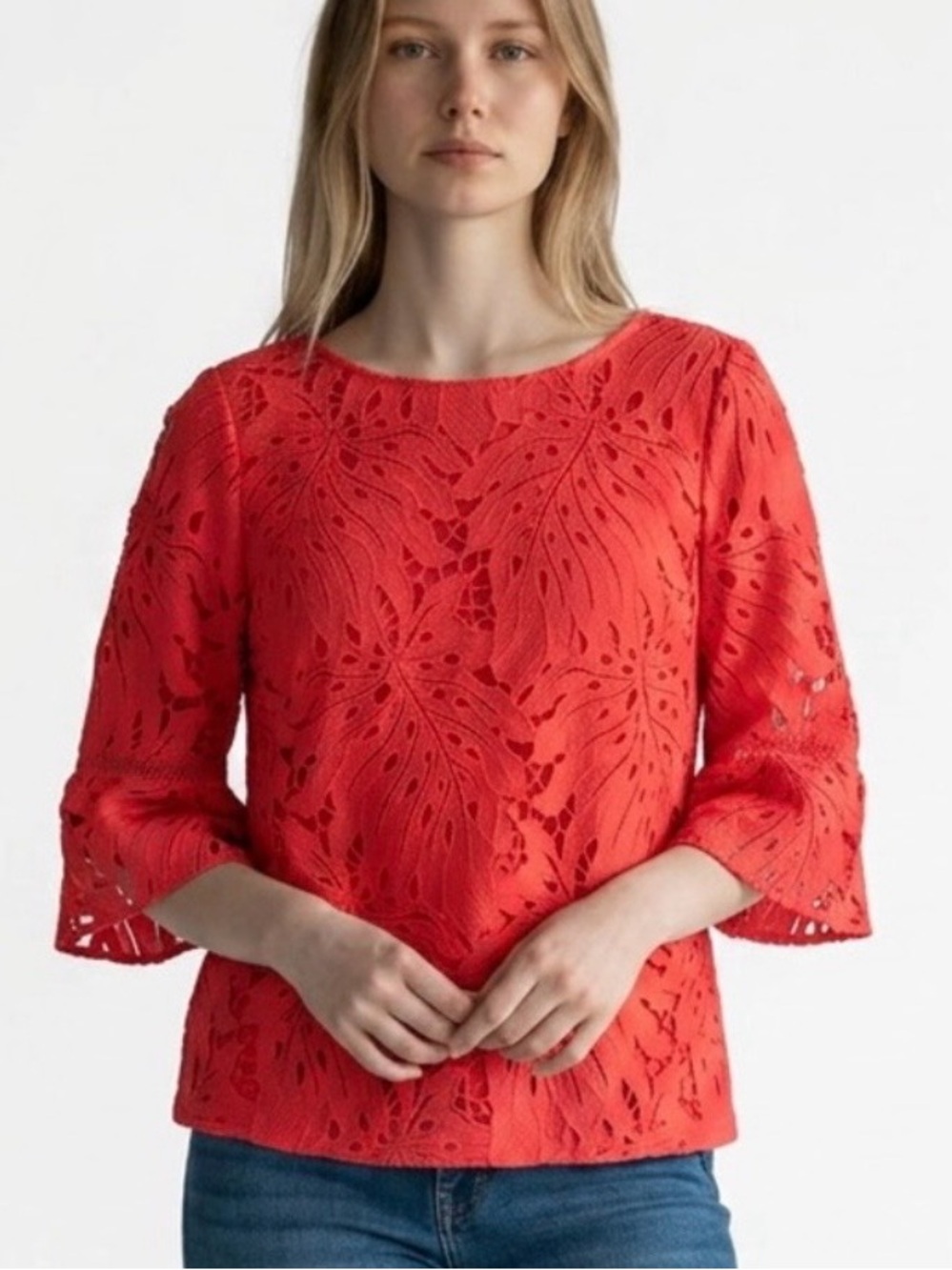 Talbots Red Lace Bell-Sleeve Blouse-size L